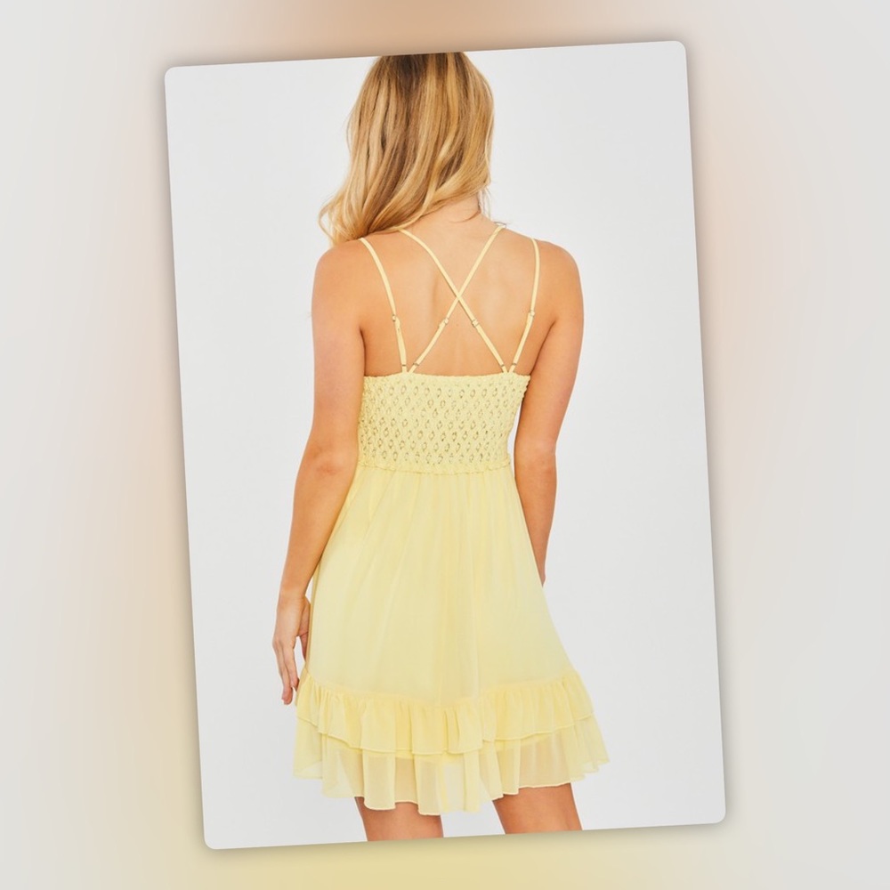 Large Yellow LoveTree Free Spirit Floral Crochet Lace Printed Flowy Mini Dress - Picture 3 of 12